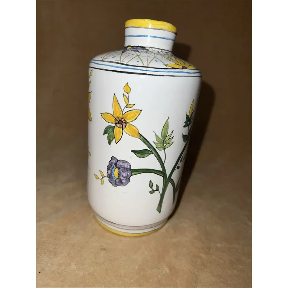 Vintage 1987 HS‎ Ceramica Hand Painted Brazil Floral Bud Vase Yellow Purple 6.5